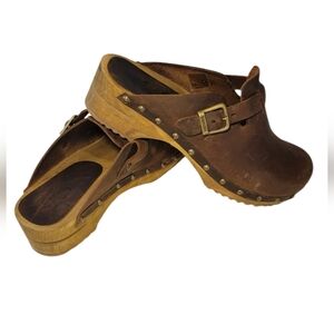 Sanita Brown Leather Clogs with Wooden Sole